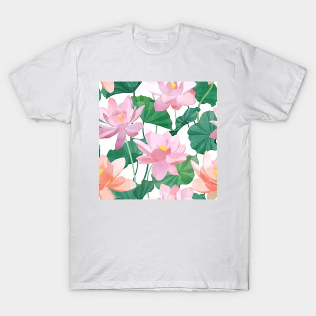 Lotus flowers and leaves watercolor illustration. Exotic spring floral print. Summer Tropical seamless pattern T-Shirt by likapix